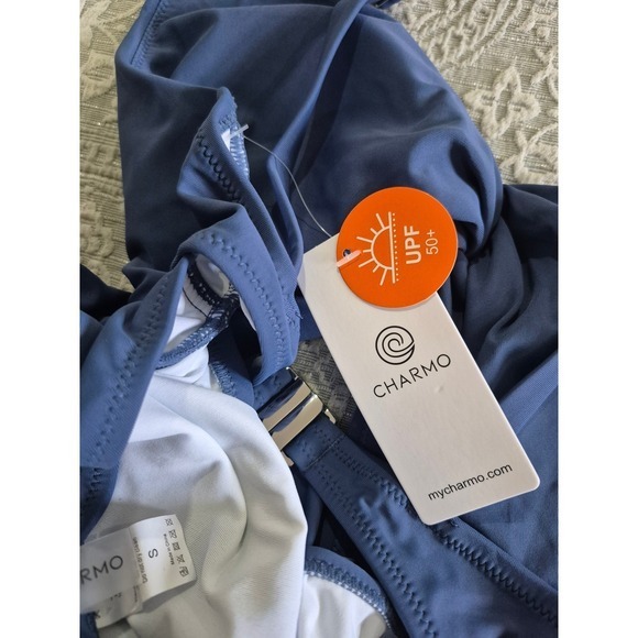 Charmo Blue Twist Front Cutout Ruched One Piece Swimsuit UPF 50+ NWT Small - Picture 6 of 6